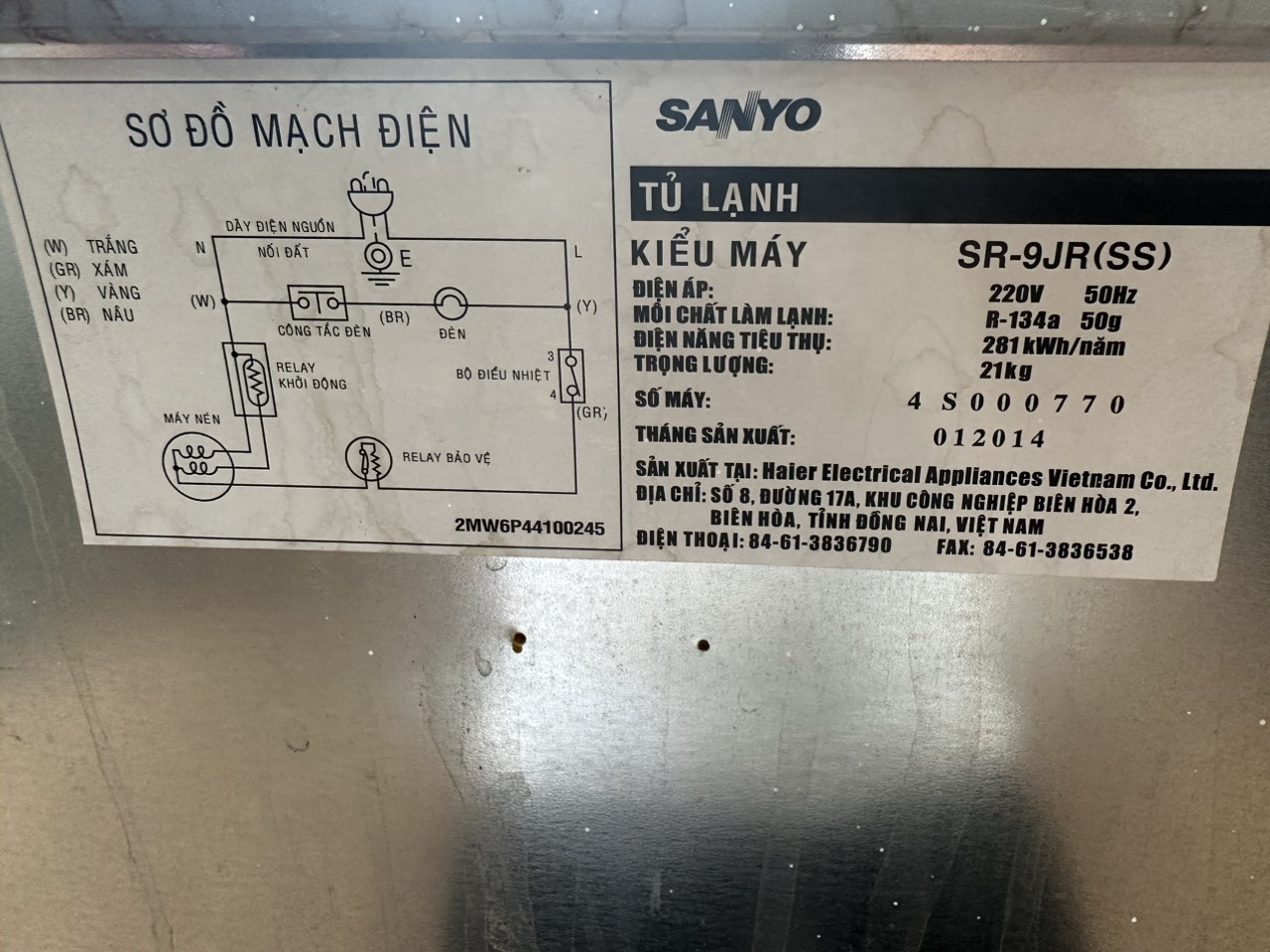 Tủ lạnh Sanyo 90 Lít SR-9JR cũ SP019524